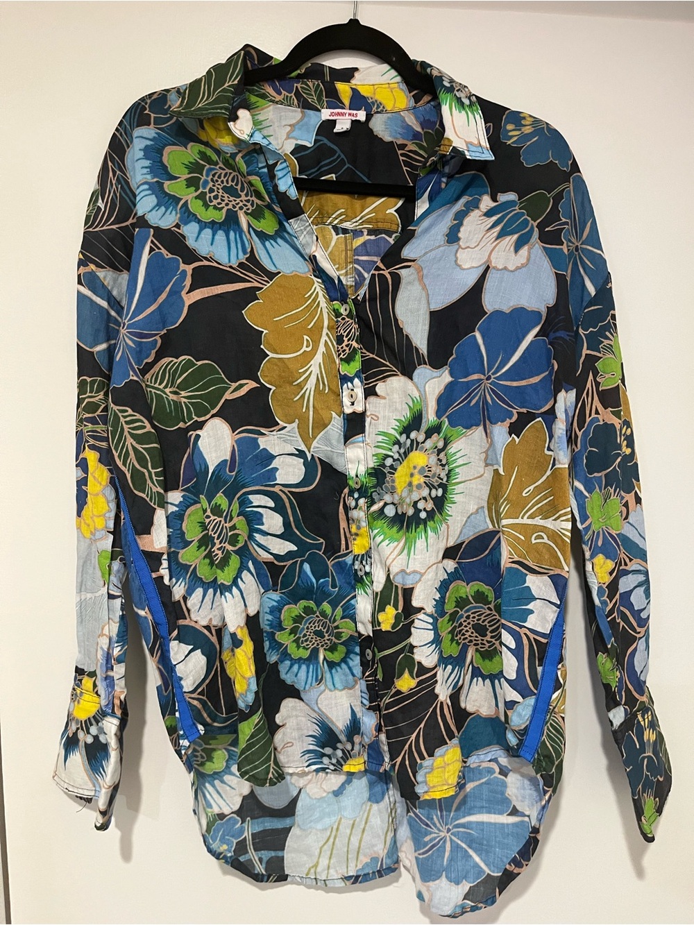 Johnny Was Floral Button-Down Shirt in Black, Blue & Green